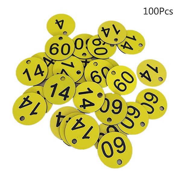 100 stk plastkort med ID-nummer 1-100, graverte nummer-ID-merker i farger for nøkkelring Svc Yellow