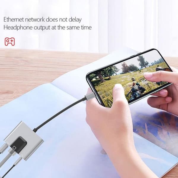 Typ-C til Ethernet LAN Nettverksadapter Hub USB C til 3,5 mm lyd og PD