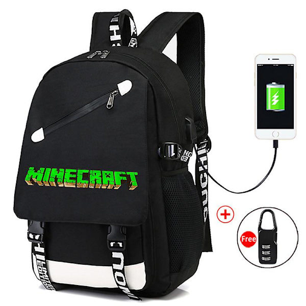 Minecraft-reppu musta USB laturiportti Vedenpitävät matkalaukut Koululaukku 15 Tietokone Business Laukku Vedenpitävä Mochilas Gray