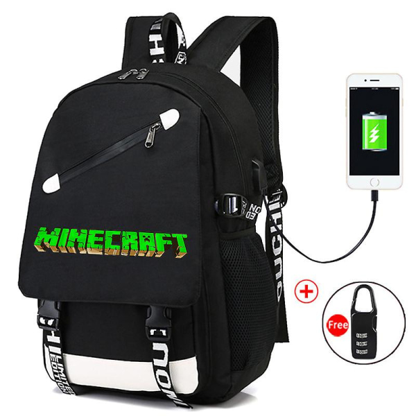 Minecraft Ryggsäck Svart USB Laddare Port Vattentät Resväska Skolväska 15 Dator Business Bag Vattentät Mochilas Gray