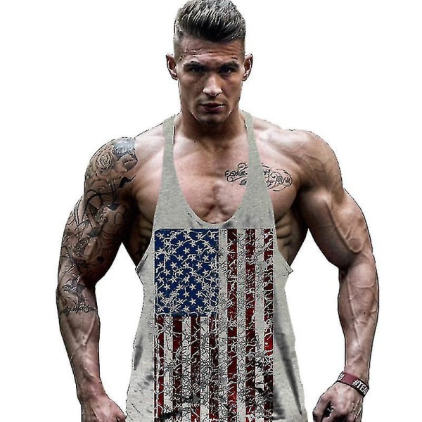 American Flag Print Ermeløs Tank Top Gym Sport Vest Gray M