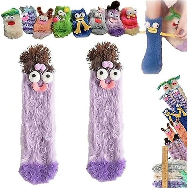 Varma mysiga fluffiga tecknade monsterstrumpor, Coral Velvet Tredimensionella Quirky Socks, Plysch Monsterstrumpor Julstrumpor 1 pair purple