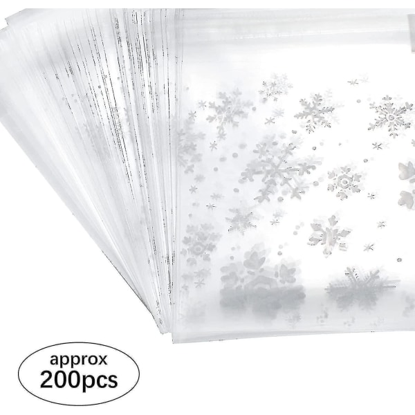 200 kpl Snowflake Cookie Bag Kirkas muovipussi Läpinäkyvä karkkijoulu