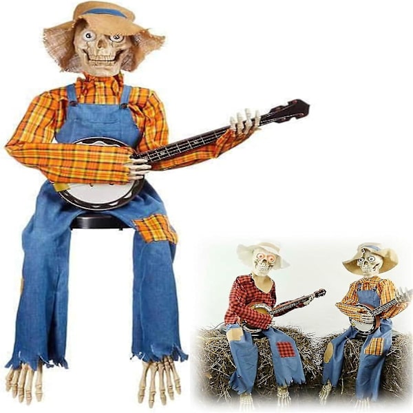 Rolig Animerad Duell Banjo Skelett,animerad Rörelse/ljud Aktiverad Musikal Flerspråkig Banjo Skelett Duo Halloween Höst Inomhus Decor-mxbc Yellow Luminous