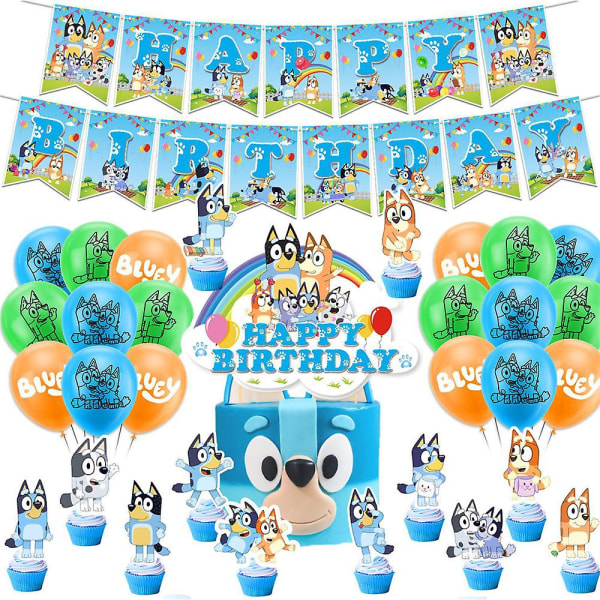 Bluey Tema Barn Grattis på födelsedagen Festtillbehör Kit Banner Ballonger Tårta Cupcake Toppers Set