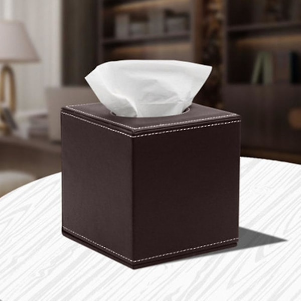 Pu Läder Tissue Box-hållare, fyrkantigt case med botten