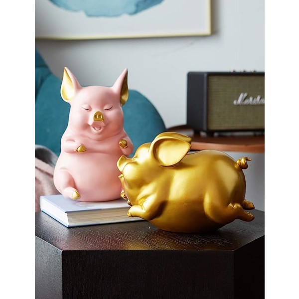 Piggy Bank Mynt Bank Pig Statue Gaver Polyresin Home Decor Arts Gull 8,3 tommer