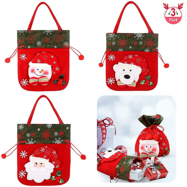 3 stycken julklappspåsar i tyg, julgodispåsar 22,5 * 19 cm, julklappspåsar med dragsko för presentinslagning och julöverraskning Pou