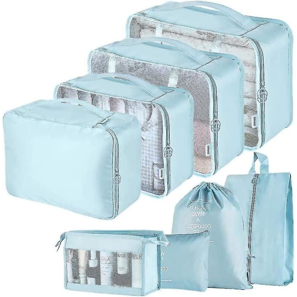 8 stk Organizer Sæt Bagage Kuffert Opbevaringstasker Pakning Rejseterninger Gaver Blue