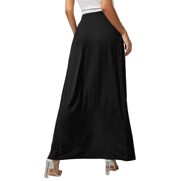 Dam lång dubbelsplit hög midja Dam Vanlig Jersey Stretch Två sidor Slit Maxikjol Black L