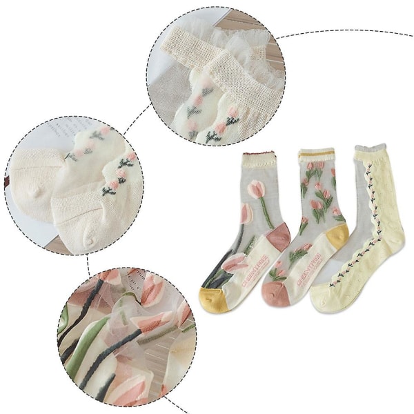 Damesokker i netting, sommergjennomsiktig tynn netting med blonder elastiske jacquard-sokker i krystallglass