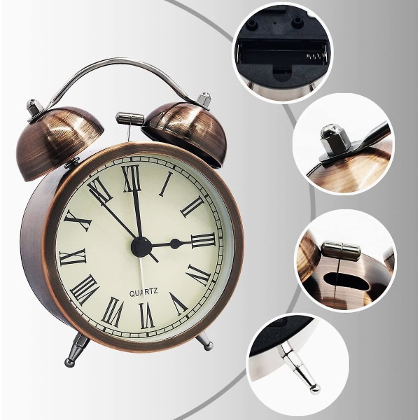 Retro stille, ikke-tikkende reisevekkerklokke, analog Quartz Twin Bell Clock, batteridrevet (3 tommer)