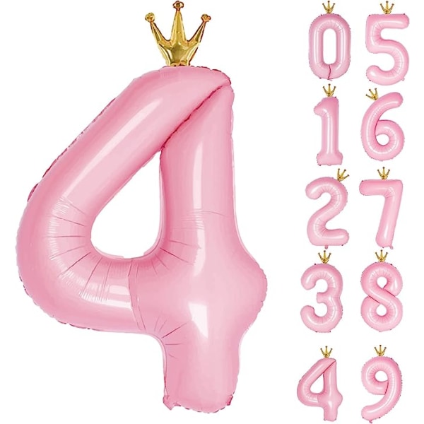 4 balloner med krone, stor ballon 101,60 cm, 4-års fødselsdagsfest dekoration leverer 4-års fødselsdag logo dekoration, pink