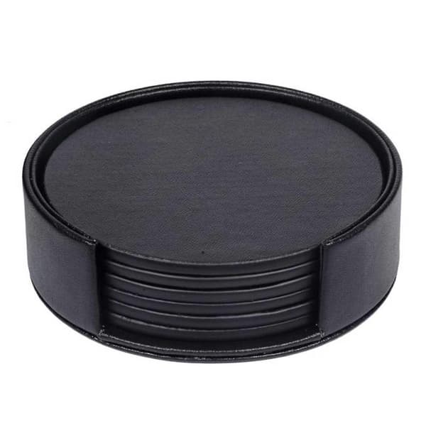 6-pak vendbare coasters i sort PU-læder med holder sort