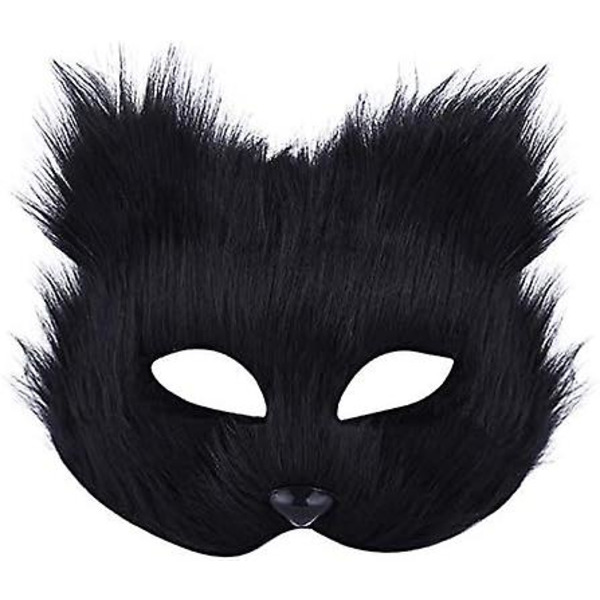 Plys katterævemaske, Therian-masker, Realistiske kattemasker, halvansigtsdyrsmaske, Furry Party Cat Mask Masquerade Mask, Cosplay-kostume Black