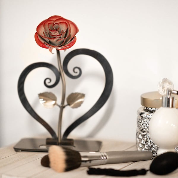Gave håndsmedet smedejern rød metal rose med hjerte - formet stativ