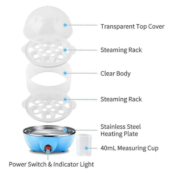 Dobbeltlags elektrisk eggkoker for 14 hardkokte egg, anti-tørr beskyttelse og 40m timer Blue Double Layer-EU
