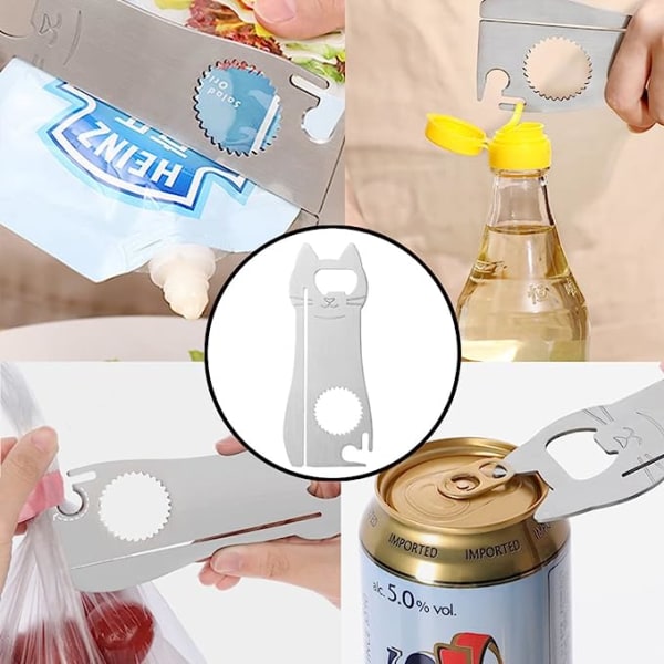 Flerfunktionsflasköppnare i rostfritt stål, Flasköppnare för kattöl, Robust söt tecknad djurläsk Cap