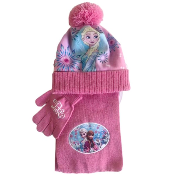 3-8 år Barn Flickor Frozen Elsa Anna Minnie Printed Vinterstickad Mössa Halsduk Handskar Set A