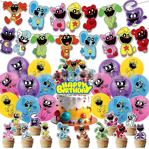 Smiling Critters -juhlatarvikkeet - Kauhuelokuvateemaiset ilmapallot, banneri, kakunkoriste ja cupcake-koristeet - Lasten syntymäpäiväkoristeet