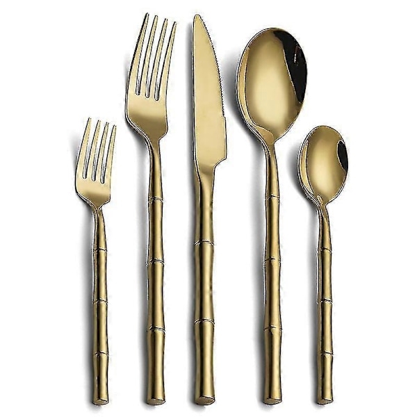 Bestick i rostfritt stål, kreativt cylindriskt bambuhandtag, 304 tjocka bestick (5-delars set) gold