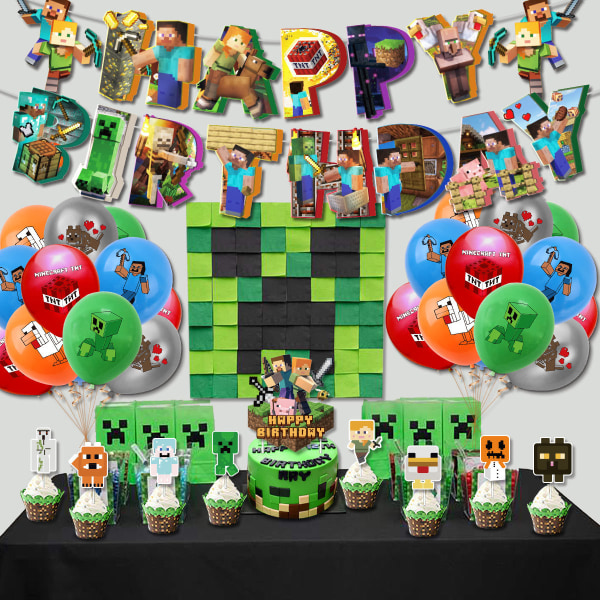 Pikselspilltema bursdagsfest dekorasjonssett Pixel War My World Spiral Cake Card Balloon