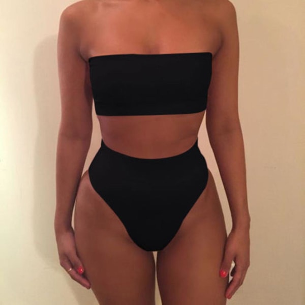 Solid Color Crop BH Bikini Badetøj Badedragt Strandtøj Sæt til kvinder black XL