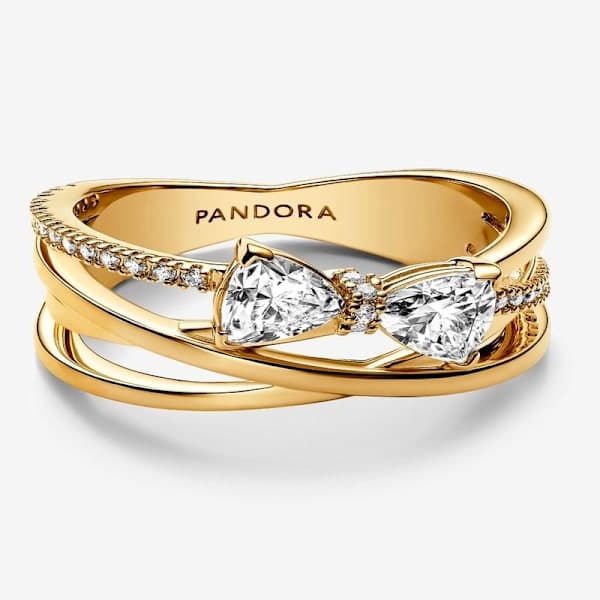 Pandora - Sparkling Bow and Crossover Ring - 14k Gold-Plated Circumference Circumference: 52mm