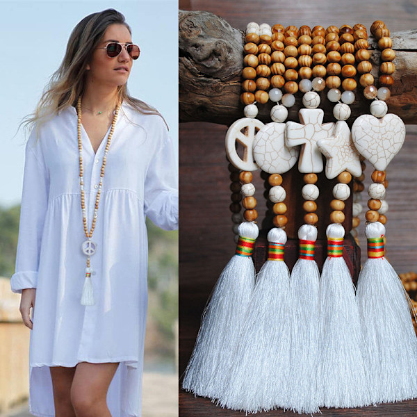 Fredshänge halsband för kvinnor, boho-estetisk tofs i trä N2247