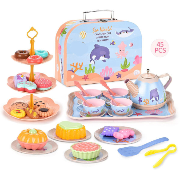 Te-sett for små jenter Lat som lek Tea-party-sett for småbarn Princess Tea Time, Tin-te-kopper for barn, tekanne, plastkaker