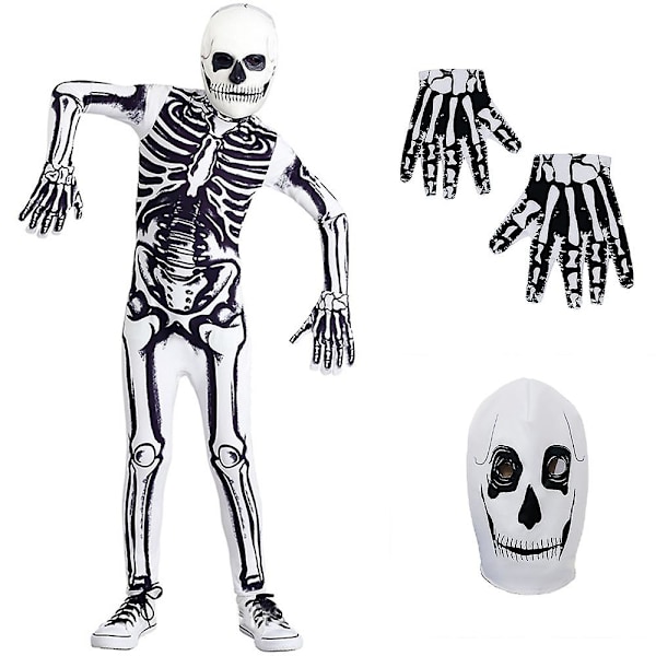 Lapset Pojat Tytöt Halloween Skeleton Cosplay-asu Body Cover Set Käsineet Naamio S