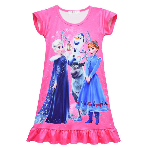 Barn Flickor Frozen Elsa Anna Print Nattlinne Kortärmad Pyjamas Klänning Sovkläder Rose Red 5-6 Years