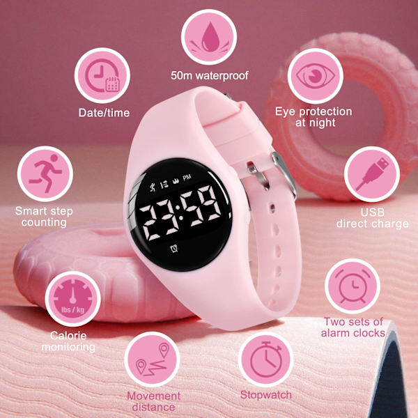 Digital watch med stegräknare Träning Vattentät Uppladdningsbar watch Pojkar Flickor Barn