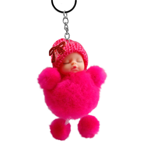 Sød Sovende Baby Bowtie Fluffy Pompom Pels Plys Dukke Nøglering Nøglering Nøglering hot pink