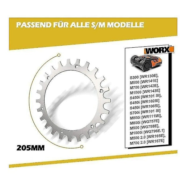 Worx Landroid plæneklipper Model S/m Premium rustfrit stål knopper 2 mm tykkelse Forbedret trækkraft - Poleret afgratning - Hjuldiameter: 205 mm