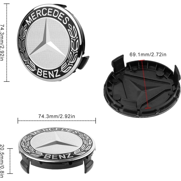 Navkapsler, 4 deler navkapsler 75 mm biltilbehør Benz med logo, med tre fortykkede spenner for Benz navkapsler