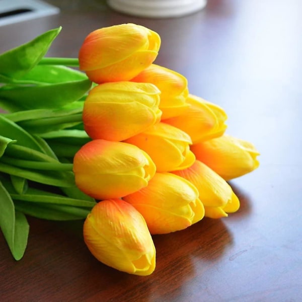 10 upeaa Realistic Touch Pu -keinotekoista tulppaanikimppua varrenkeltaisella Orange