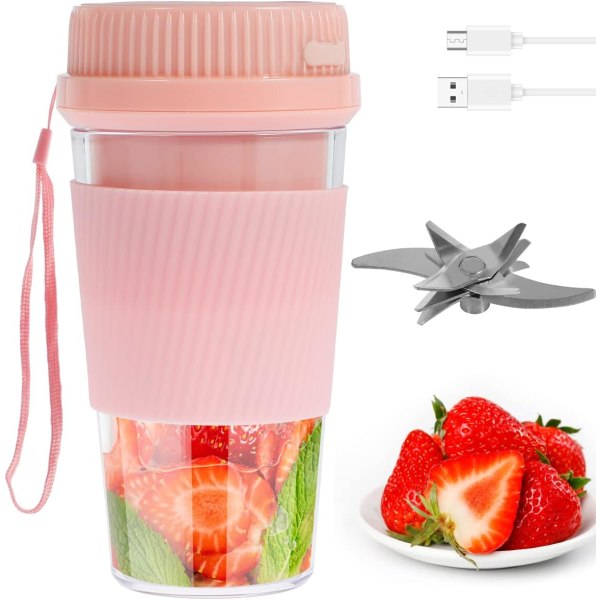 Bærbar juicepresse 300 ml kopp 1500 mah USB-lading Automatisk avstenging Egnet for reiser, kontor, treningsstudio, kjøkken, babymat (10 blader, rosa)