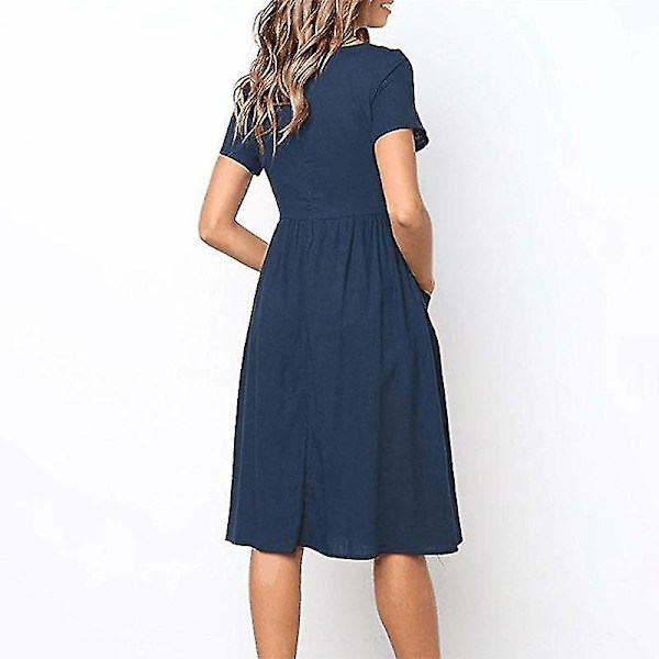 Naisten kesämekot Casual Midi-mekko Lyhythihainen paitamekko V-kaula-aukolla, nappi alas Swing A Line Tunika-mekko taskuilla Dark blue