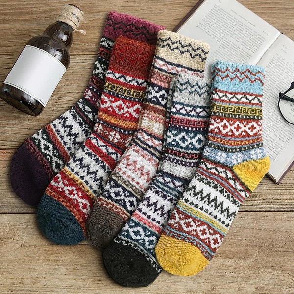 5 paria villasukkia - Vintage talven lämpimät villasukat naisille, pehmeät mukavat sukat