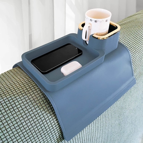 Skridsikker silikonesofa Armbakke med kopholder Sofa kopholderbakke Armlæn Fjernbetjening og organizer Blå
