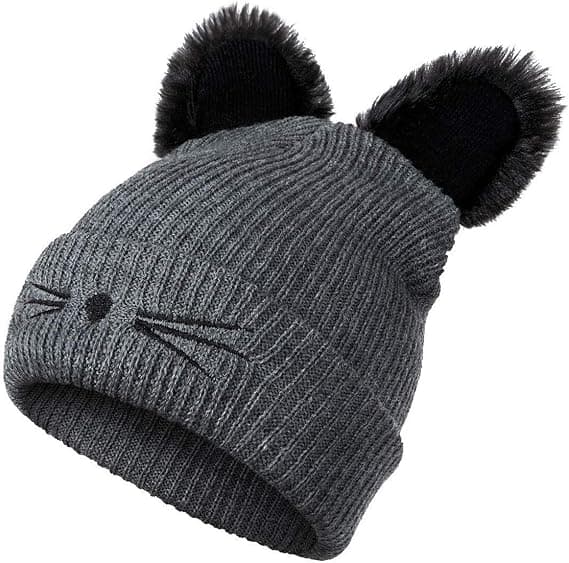 Dam flickor kattöron mössa vinter varm stickad skidmössa Grey