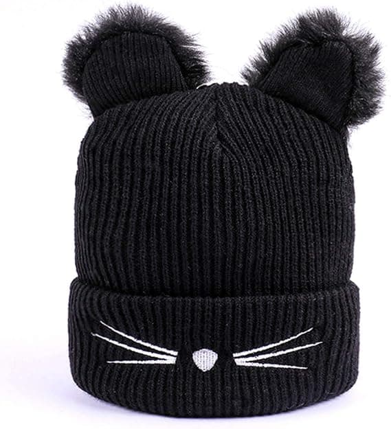 Dam flickor kattöron mössa vinter varm stickad skidmössa Black