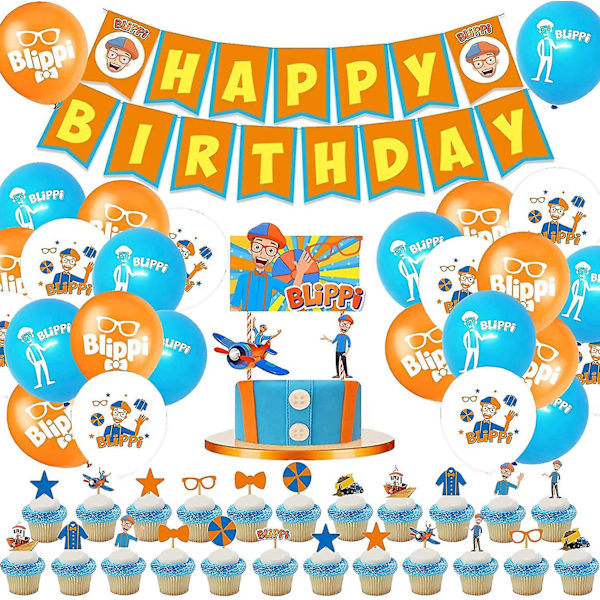 Syntymäpäiväjuhlatarvikkeet 68 kpl set , sis. 1 kpl Blippi Happy Birthday Bannerin, 24 kpl lateksiilmapalloja, 24 kpl kuppikakkupäällyksiä, 1 kpl kakkupäällystä