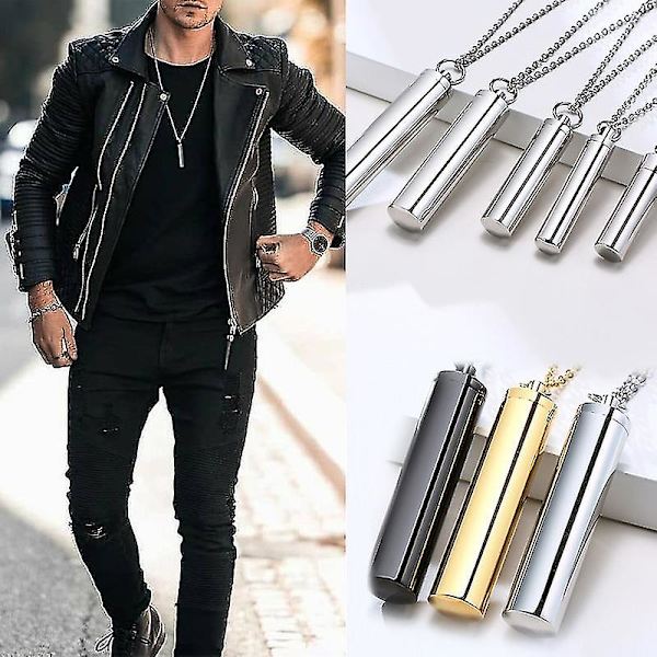 Rostfritt stål cylinder kremering aska urna hänge halsband för män minnesgåva smycken