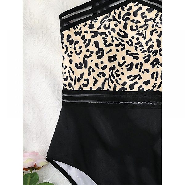 Sexet Beach Summer Backless Dame 1-delt Leopard Højtaljet Bikini, Elastic Back Cross Reb, Sling (l)