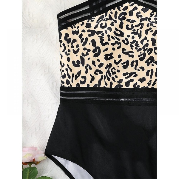 Sexig Beach Summer Backless Dam 1-delad Leopard Bikini med hög midja, Elastiskt ryggkorsrep, Sling (l)