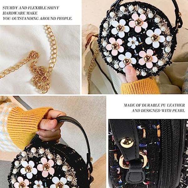 lille pige toddler crossbody taske med perleblomster mini sød prinsesse tote bag skulderkædetaske, A-sort, rejsepung