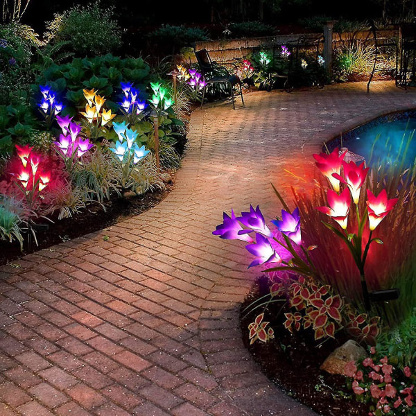 2 stykker liljelampe, 4 LED-simuleringsblomster, utendørs hagelampe, plenlampe landskap (rød+lilla) Pxcl
