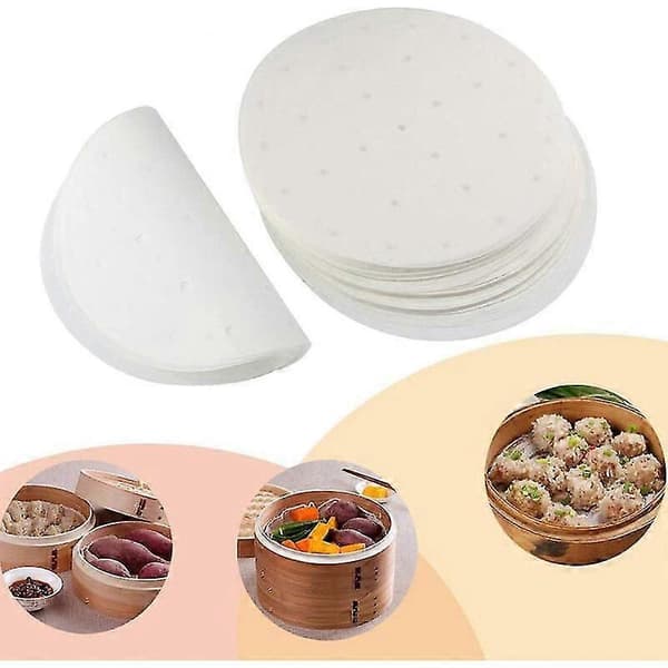 100 stycken Dim Sum-papper 23 cm som bas för bambuångare, varmluftsfritös, ångfoder, non-stick-beläggning, runt bakplåtspapper perforerad bambu